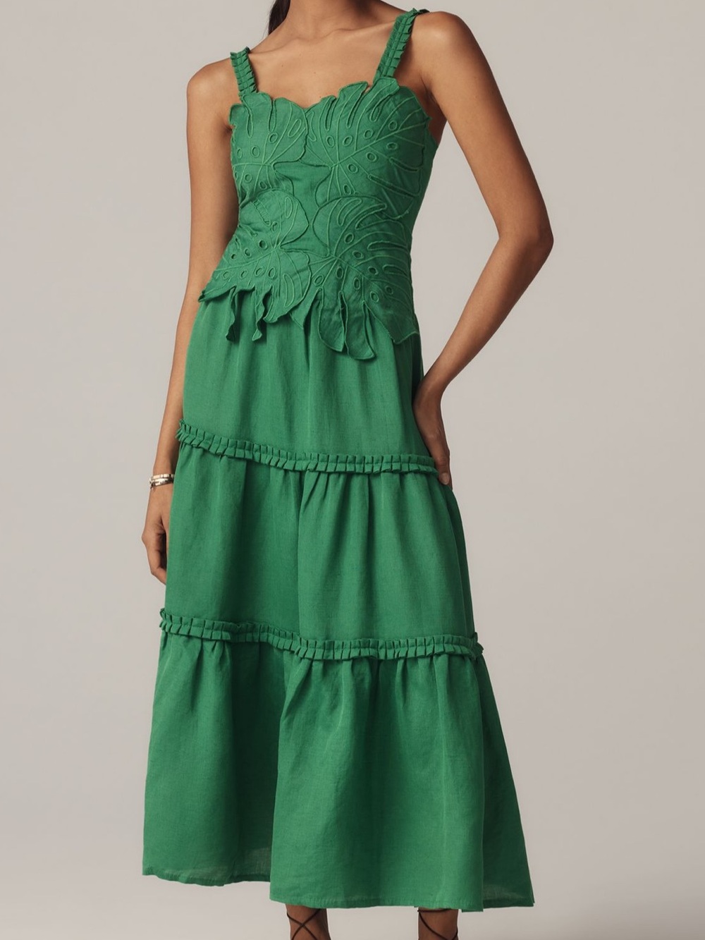 FARM Rio Linen Tiered Eyelet Maxi Dress
